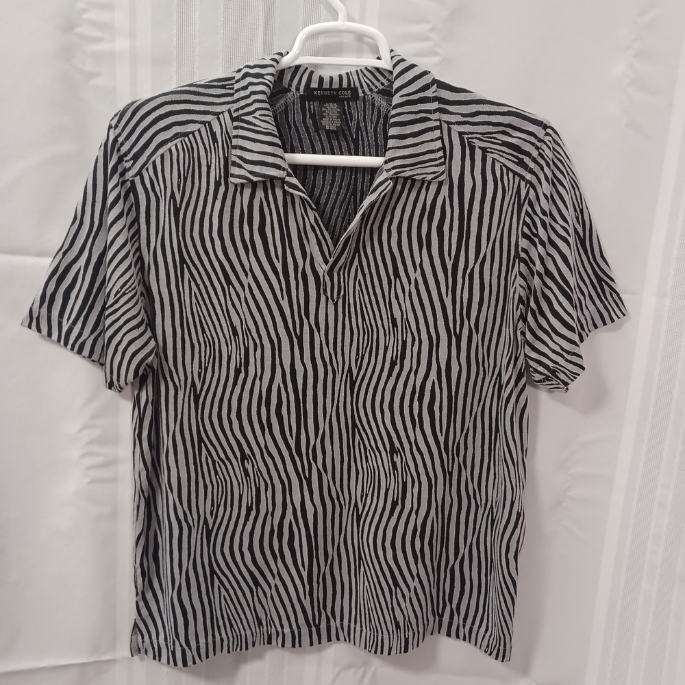 Kenneth Cole New York Mens Zebra Print Textured Polo Shirt Grey Black Large